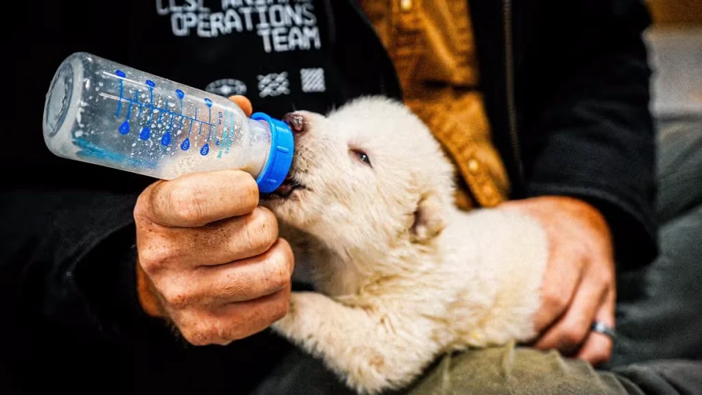 گرگ‌ وحشت احیا شده در حال شیر خوردن