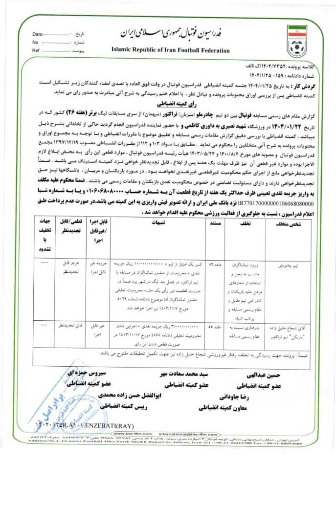 احکام سنگین کمیته انضباطی فدراسیون فوتبال برای حواشی هفته بیستوششم لیگ برتر/ کسر یک امتیاز از چادرملو_صبح سریع 4 اعلام آرای انضباطی تیمهای فوتبال تراکتور و استقلال، خلیلزاده و خداداد عزیزی